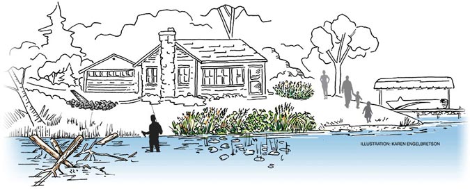 man fishing by lake home utilizing five healthy lakes best practices, Illustration: Karen Engelbretson