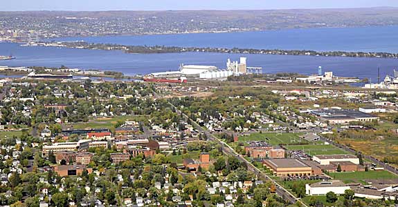 aerial view of University of Wisconsin-Superior campus and Lake Superior