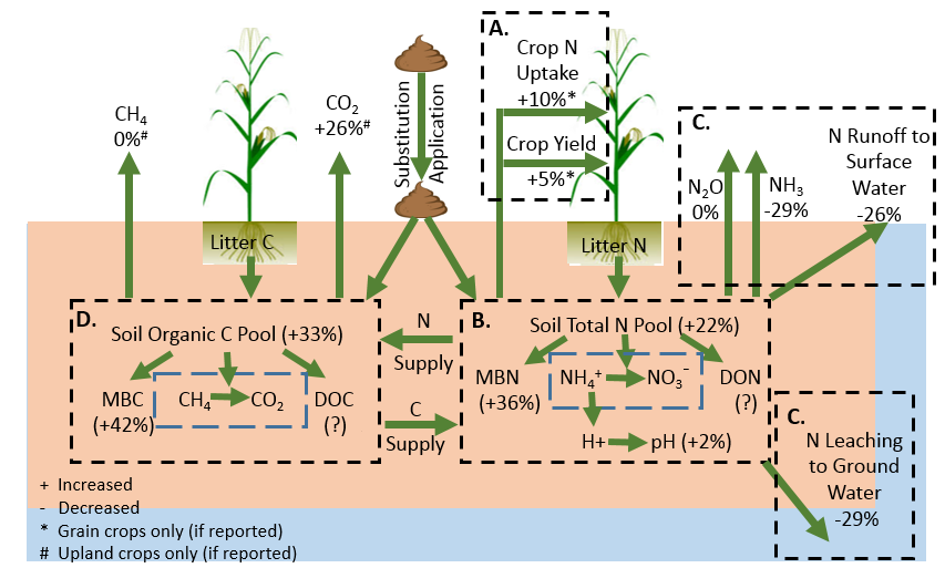 Effects of substituting manure for fertilizer. Estimates are averages from an analysis of 141 research trials. Abbreviations: nitrogen (N), carbon (C), microbial biomass N (MBN), microbial biomass C (MBC). 