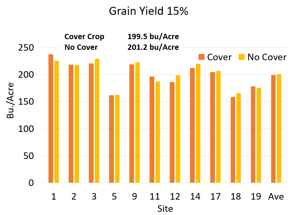 Grain yield adjusted to 15 percent moisture. Cover crop yielded 199.5 bushels per acre whereas no cover crop yielded 201.2 bushels per acre.