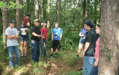 Students learning in a forest